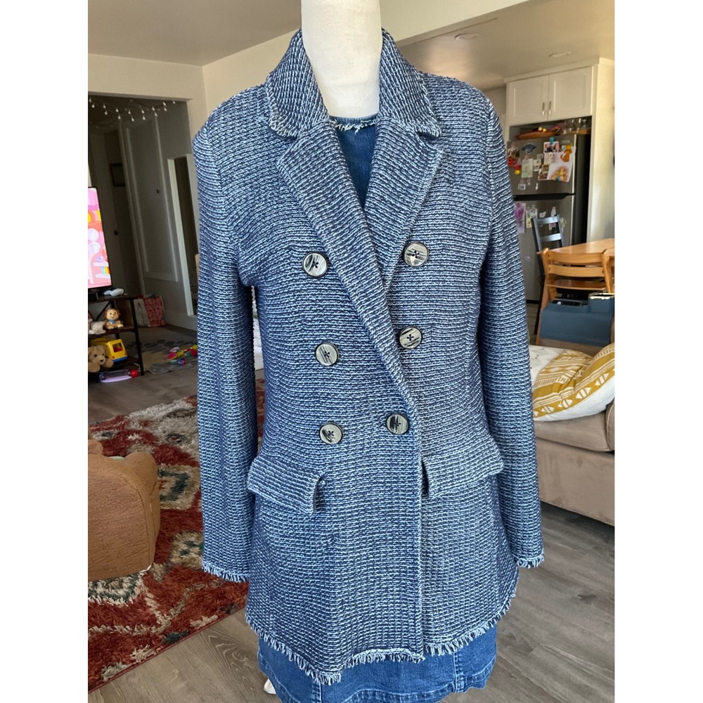 Chicos Blue White Tweed Knit Blazer Jacket Double Breasted Fringe Size 1 M
